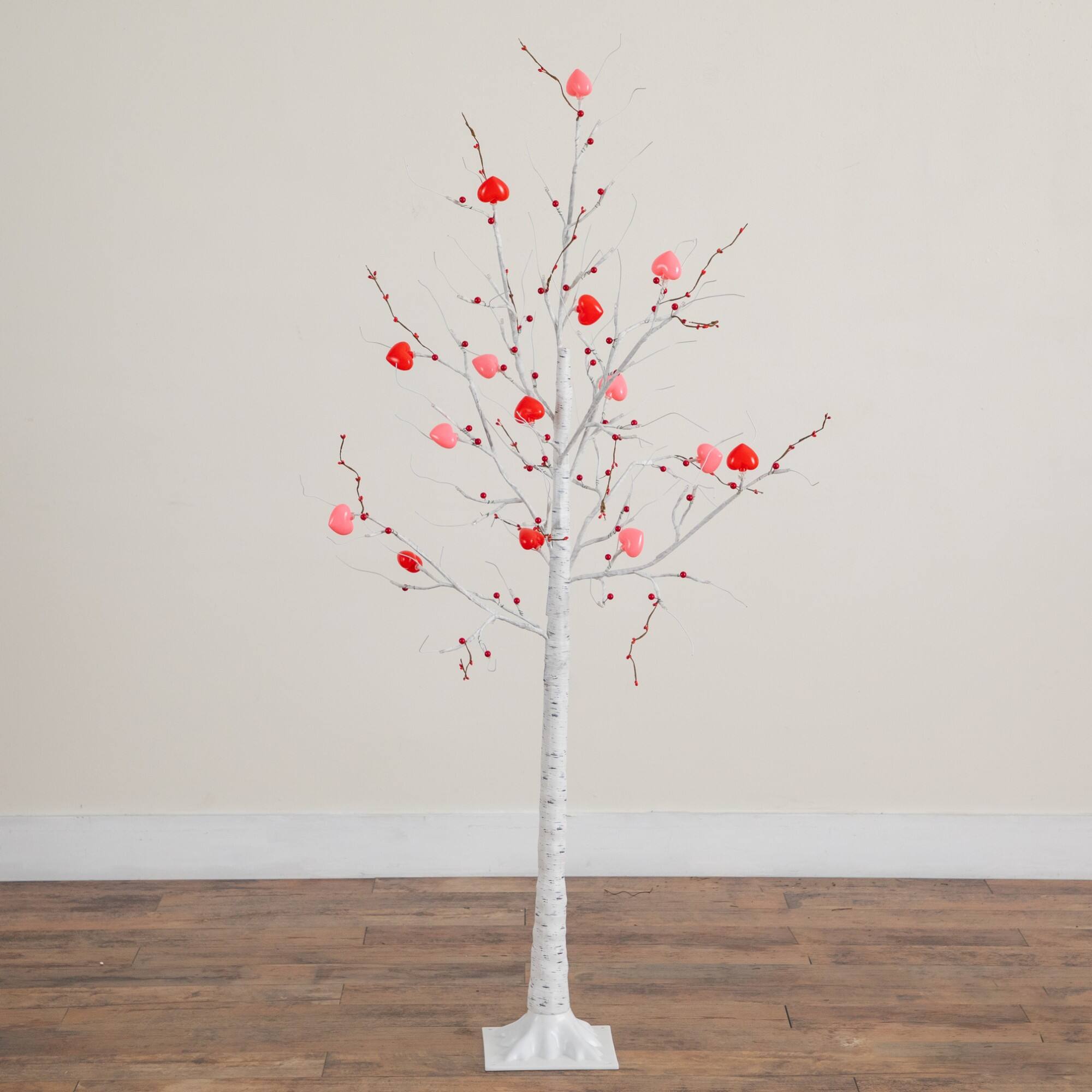 5ft. Pre-Lit Artificial Valentine's Day Twig Tree with 72 Heart Shaped LED Lights and Red Berries